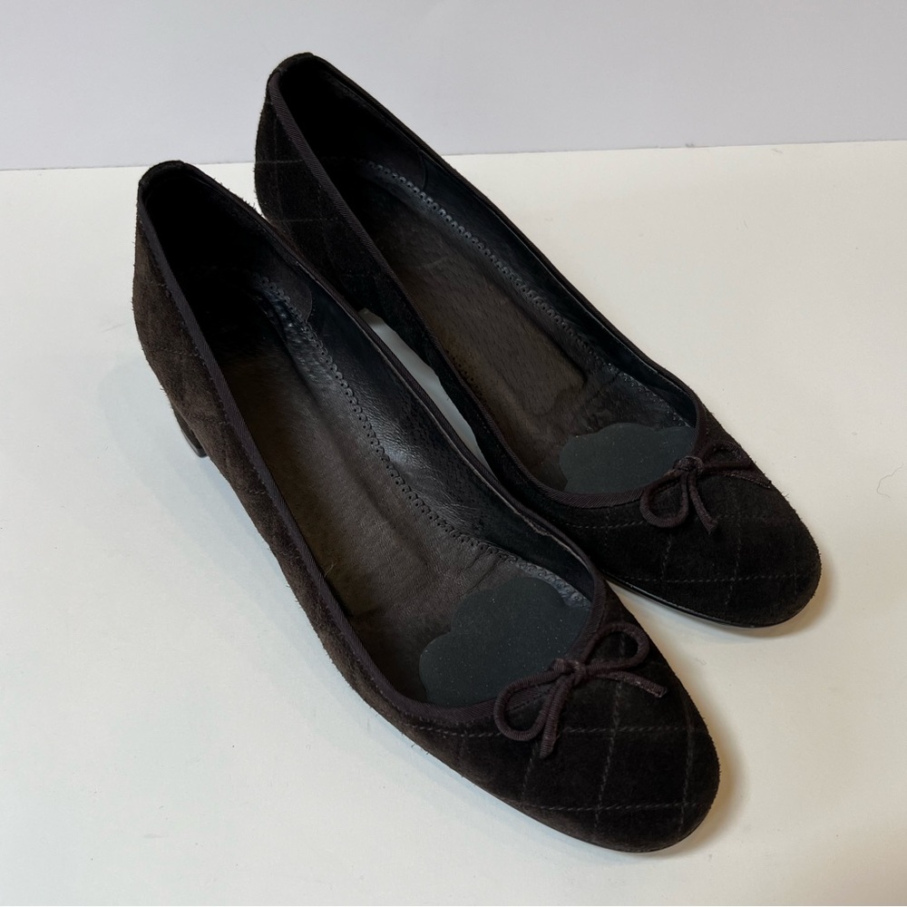 Delman Brown Quilted Ballerina Toe with Block Heels Size 8